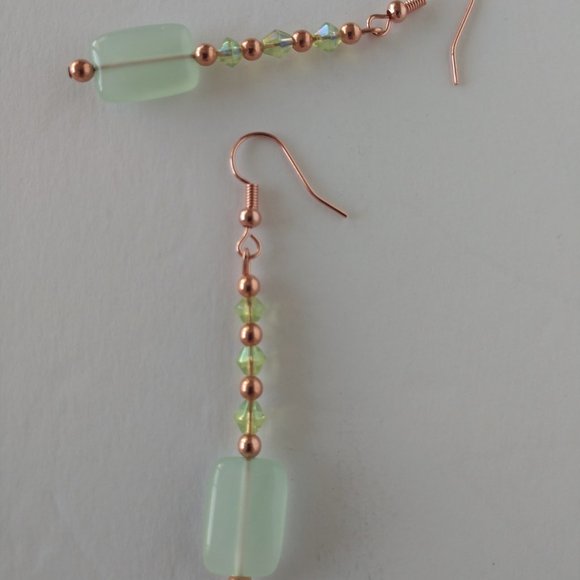 Green Dangle Earrings With Copper Plated Fishhook Wires Handmade 2.5 Inches - Picture 6 of 16